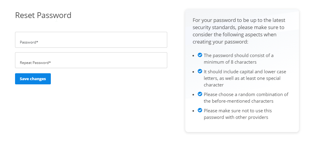 Reset password page