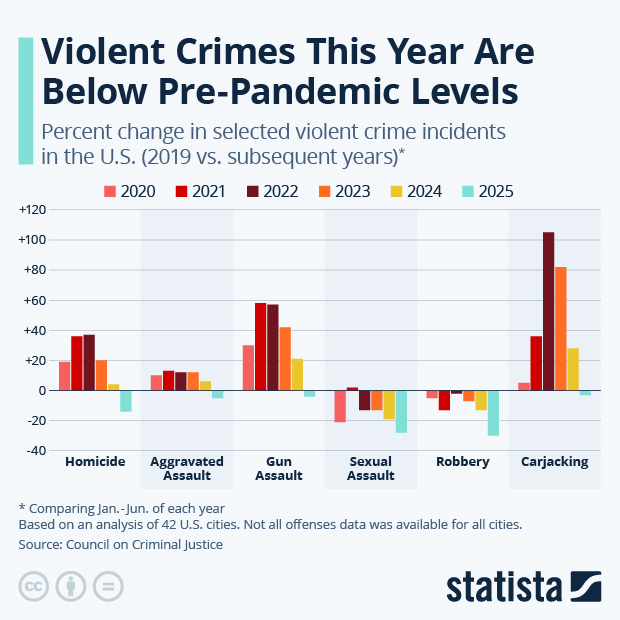 Violent Crimes This Year Are Below Pre-Pandemic Levels - Infographic