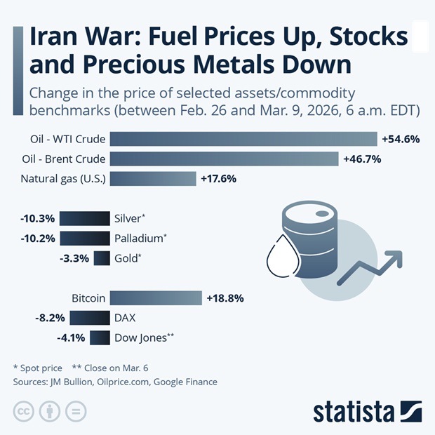 Iran War: Fuel Prices Up, Stocks and Precious Metals Down - Infographic